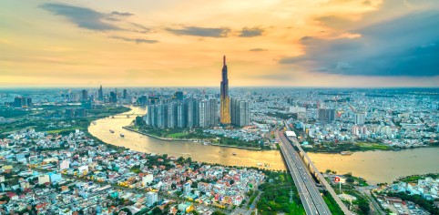 top view aerial center ho chi minh city vietnam beauty skyscrapers along river urban developmen cropped